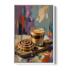 Cortado and Cinnamon Roll for the Coffee Bar - White Framed Canvas Wall Art - Front