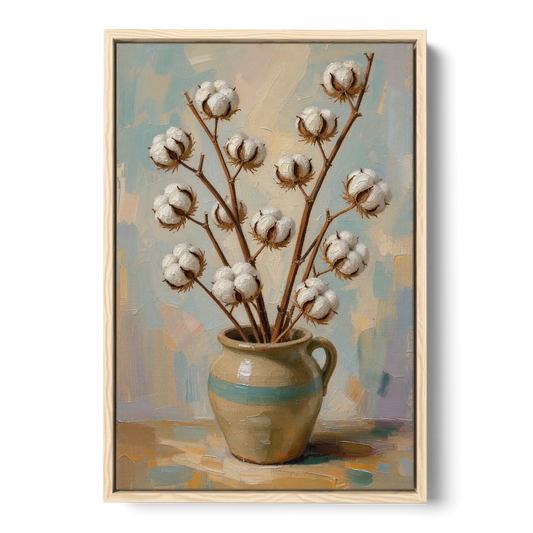 Cotton Painting Canvas in a Stoneware Crock - Oak Framed Canvas Wall Art - Front