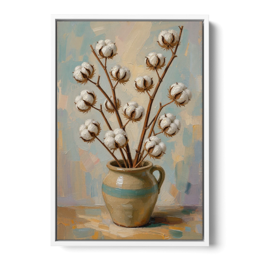 Cotton Painting Canvas in a Stoneware Crock - White Framed Canvas Wall Art - Front