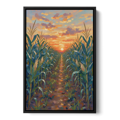 Country Landscape Painting of Corn Rows at Sunset - Black Framed Canvas Wall Art - Front
