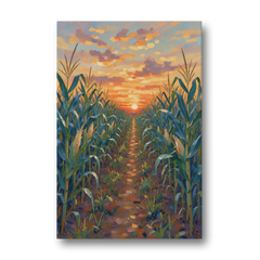 Country Landscape Painting of Corn Rows at Sunset - Canvas Wall Art - Front