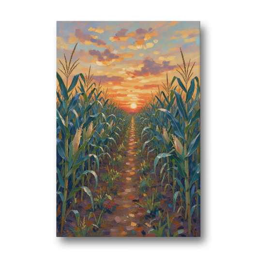 Country Landscape Painting of Corn Rows at Sunset - Canvas Wall Art - Front