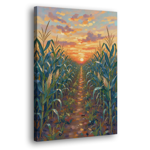 Country Landscape Painting of Corn Rows at Sunset - Canvas Wall Art - Side