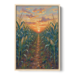 Country Landscape Painting of Corn Rows at Sunset - Oak Framed Canvas Wall Art - Front