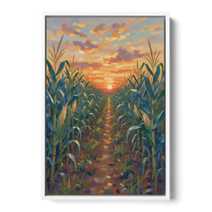 Country Landscape Painting of Corn Rows at Sunset - White Framed Canvas Wall Art - Front