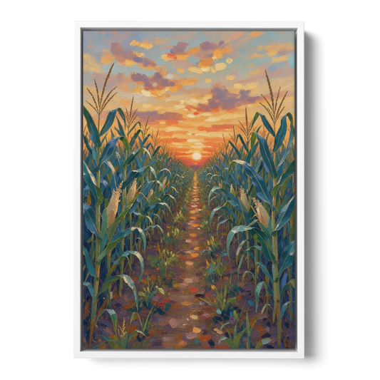 Country Landscape Painting of Corn Rows at Sunset - White Framed Canvas Wall Art - Front