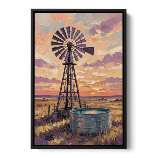 Country Prairie Windpump at Sunset - Black Framed Canvas Wall Art - Front
