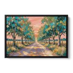 Country Road Painting Through Summer Trees - Black Framed Canvas Wall Art - Front