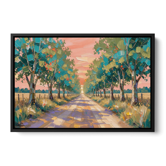 Country Road Painting Through Summer Trees - Black Framed Canvas Wall Art - Front