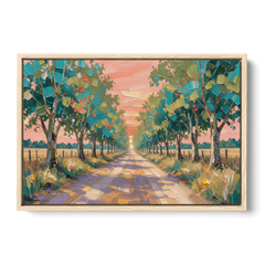 Country Road Painting Through Summer Trees - Oak Framed Canvas Wall Art - Front