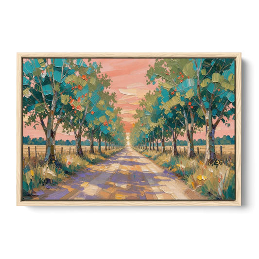 Country Road Painting Through Summer Trees - Oak Framed Canvas Wall Art - Front
