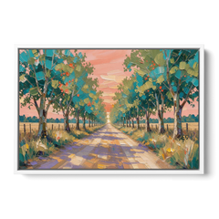 Country Road Painting Through Summer Trees - White Framed Canvas Wall Art - Front