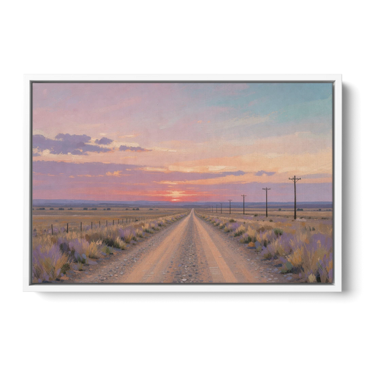 Country Road Wall Art at Prairie Twilight - White Framed Canvas Wall Art - Front