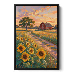 Country Sunflower Painting with Red Barn and Oak - Black Framed Canvas Wall Art - Front