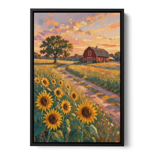 Country Sunflower Painting with Red Barn and Oak - Black Framed Canvas Wall Art - Front