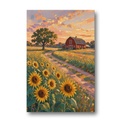 Country Sunflower Painting with Red Barn and Oak - Canvas Wall Art - Front