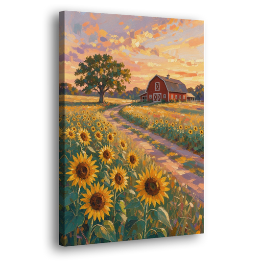 Country Sunflower Painting with Red Barn and Oak - Canvas Wall Art - Side