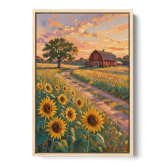 Country Sunflower Painting with Red Barn and Oak - Oak Framed Canvas Wall Art - Front