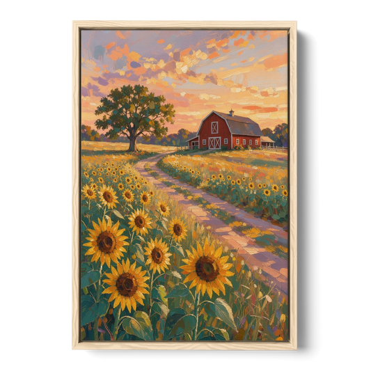Country Sunflower Painting with Red Barn and Oak - Oak Framed Canvas Wall Art - Front
