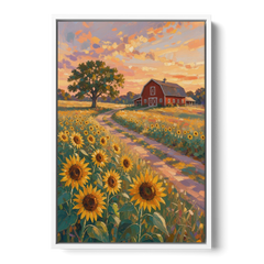 Country Sunflower Painting with Red Barn and Oak - White Framed Canvas Wall Art - Front