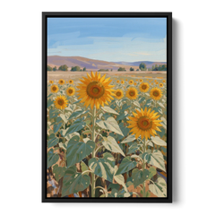 Country Wall Art of a Sunflower Field in Summer - Black Framed Canvas Wall Art - Front