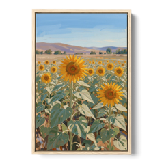 Country Wall Art of a Sunflower Field in Summer - Oak Framed Canvas Wall Art - Front