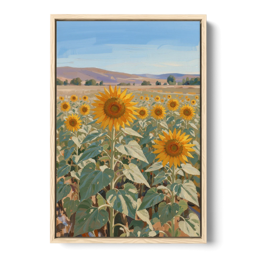 Country Wall Art of a Sunflower Field in Summer - Oak Framed Canvas Wall Art - Front