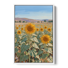 Country Wall Art of a Sunflower Field in Summer - White Framed Canvas Wall Art - Front