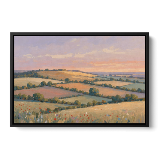 Countryside Landscape Painting at Lavender Dusk - Black Framed Canvas Wall Art - Front