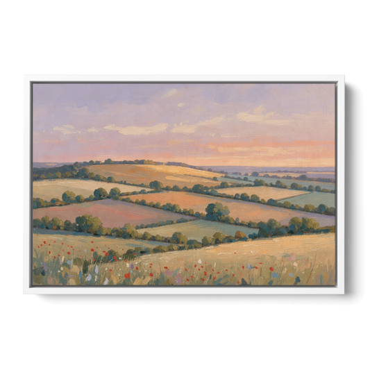 Countryside Landscape Painting at Lavender Dusk - White Framed Canvas Wall Art - Front