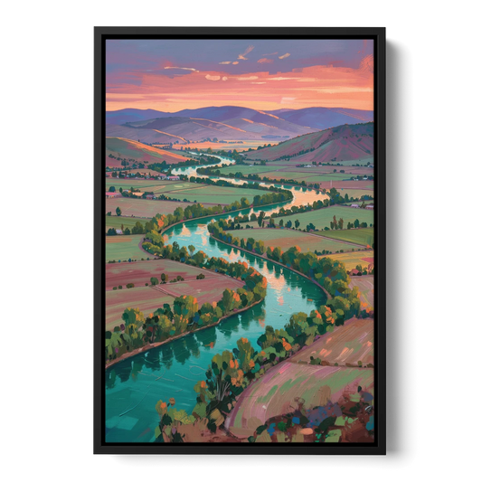 Countryside Oil Painting of a River Valley at Sunset - Black Framed Canvas Wall Art - Front