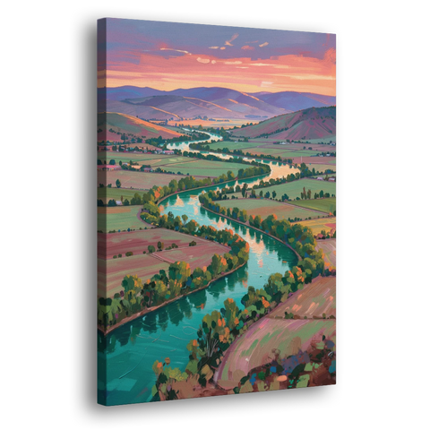 Countryside Oil Painting of a River Valley at Sunset - Canvas Wall Art - Side