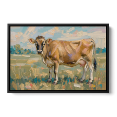Cow Painting of a Jersey in Summer Pasture - Black Framed Canvas Wall Art - Front