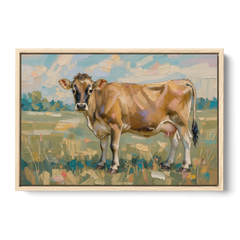 Cow Painting of a Jersey in Summer Pasture - Oak Framed Canvas Wall Art - Front