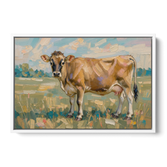 Cow Painting of a Jersey in Summer Pasture - White Framed Canvas Wall Art - Front