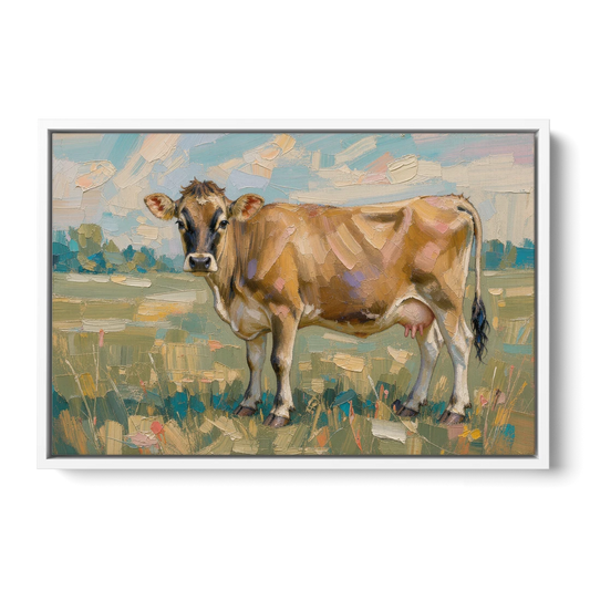 Cow Painting of a Jersey in Summer Pasture - White Framed Canvas Wall Art - Front