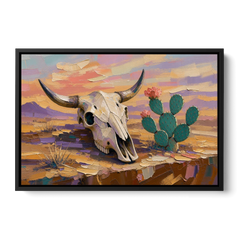 Cow Skull Painting with Blooming Prickly Pear - Black Framed Canvas Wall Art - Front