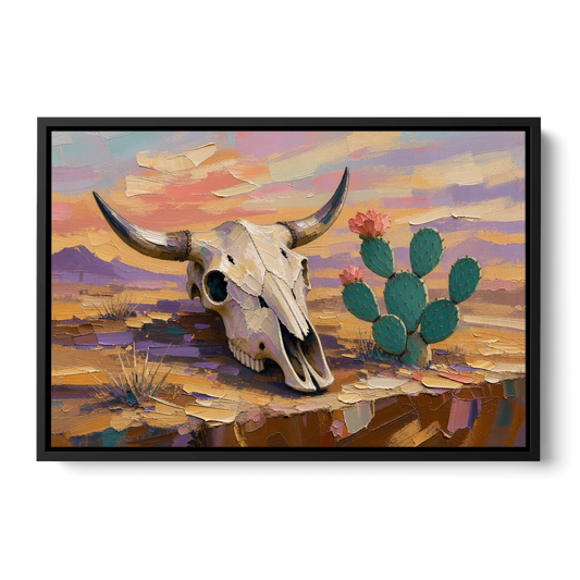 Cow Skull Painting with Blooming Prickly Pear - Black Framed Canvas Wall Art - Front