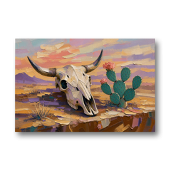 Cow Skull Painting with Blooming Prickly Pear - Canvas Wall Art - Front