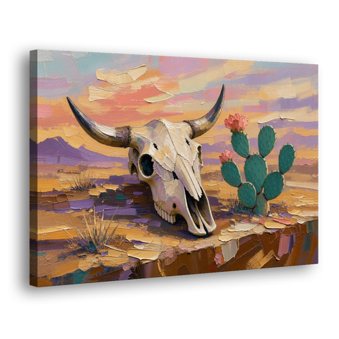 Cow Skull Painting with Blooming Prickly Pear - Canvas Wall Art - Side