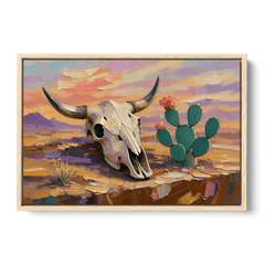 Cow Skull Painting with Blooming Prickly Pear - Oak Framed Canvas Wall Art - Front