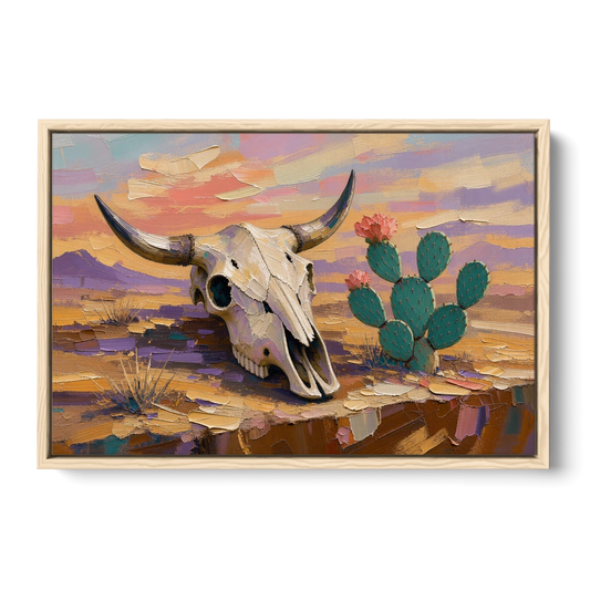 Cow Skull Painting with Blooming Prickly Pear - Oak Framed Canvas Wall Art - Front