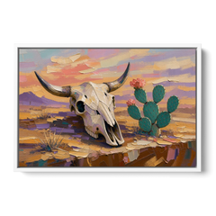 Cow Skull Painting with Blooming Prickly Pear - White Framed Canvas Wall Art - Front