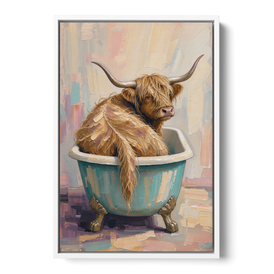 Cow in Bathtub Wall Art with a Backward Glance - White Framed Canvas Wall Art - Front