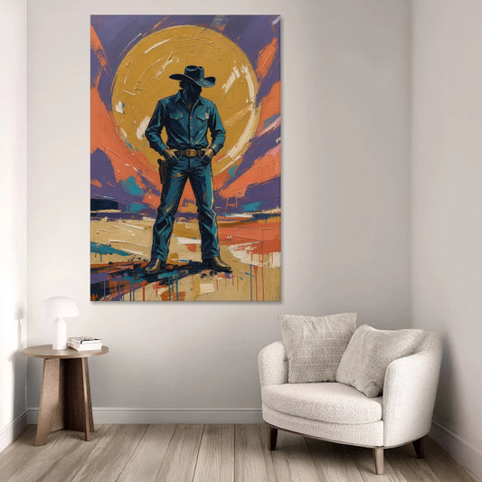 Cowboy Wall Art with Gunslinger and Golden Sun - Canvas Wall Art - Sofa - 40x60