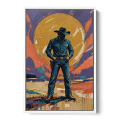 Cowboy Wall Art with Gunslinger and Golden Sun - White Framed Canvas Wall Art - Front