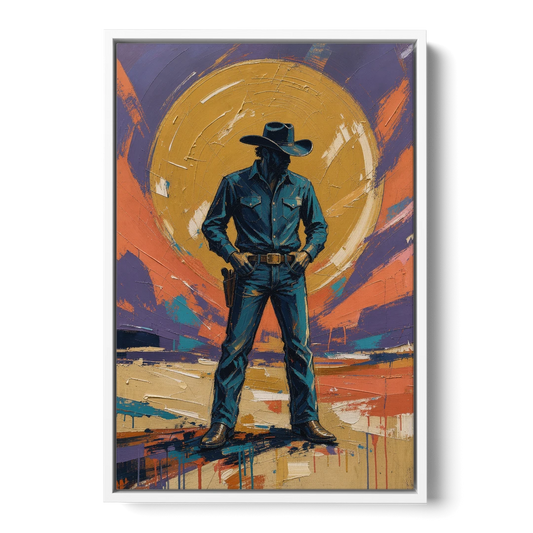 Cowboy Wall Art with Gunslinger and Golden Sun - White Framed Canvas Wall Art - Front
