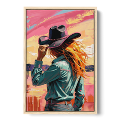 Cowgirl Wall Art in a Hot Desert Wind - Oak Framed Canvas Wall Art - Front