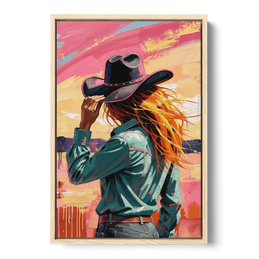Cowgirl Wall Art in a Hot Desert Wind - Oak Framed Canvas Wall Art - Front