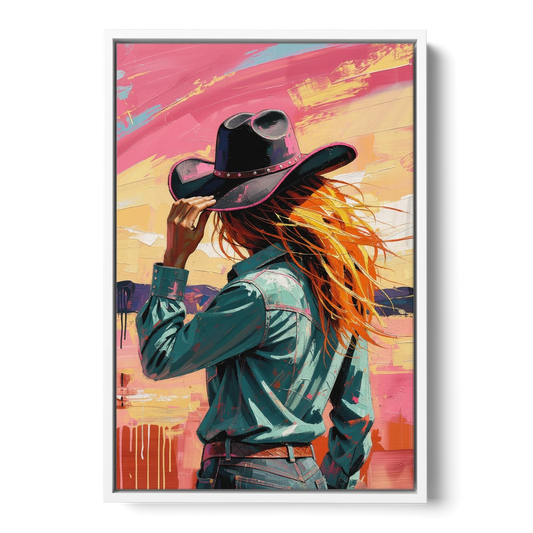 Cowgirl Wall Art in a Hot Desert Wind - White Framed Canvas Wall Art - Front